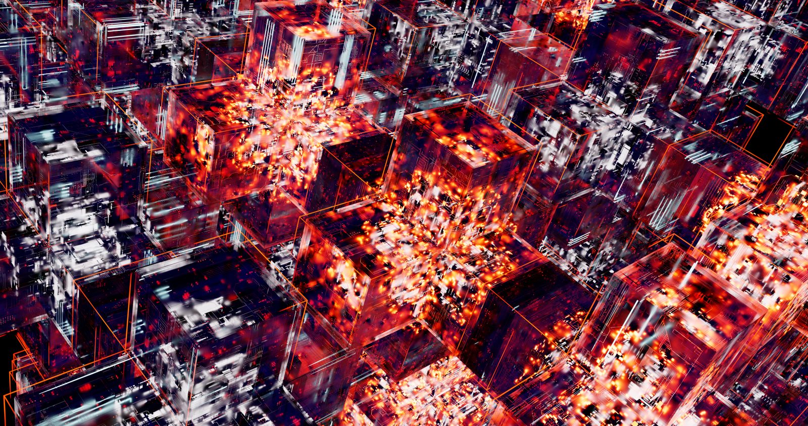 Abstract glowing red digital cubes representing a neural network